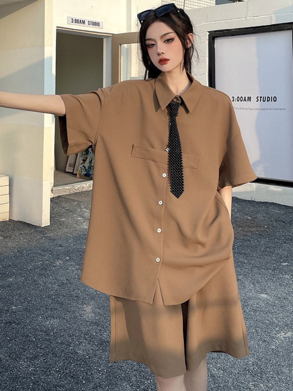 Cool Chic Loose Split-Joint Solid Color With Tie Lapel Collar Half Sleeves Blouse&Pleated Wide Legs Shorts 2 Pieces Set