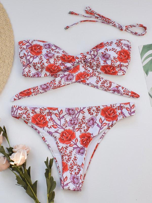 Sexy Spaghetti-Neck Knotted Printing Split Type Bikini Swimsuit