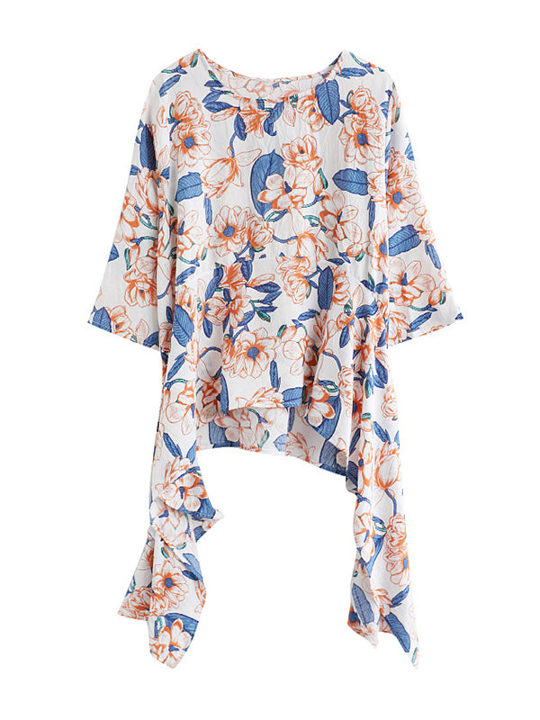 Loose Artistic Retro Floral Printed T-Shirt Top&Wide Legs Pants 2 Pieces Set