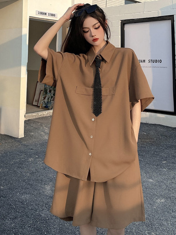 Cool Chic Loose Split-Joint Solid Color With Tie Lapel Collar Half Sleeves Blouse&Pleated Wide Legs Shorts 2 Pieces Set