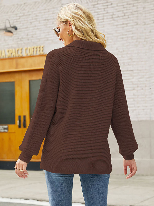 Long Sleeves Solid Color Lapel V-Neck Sweater Tops