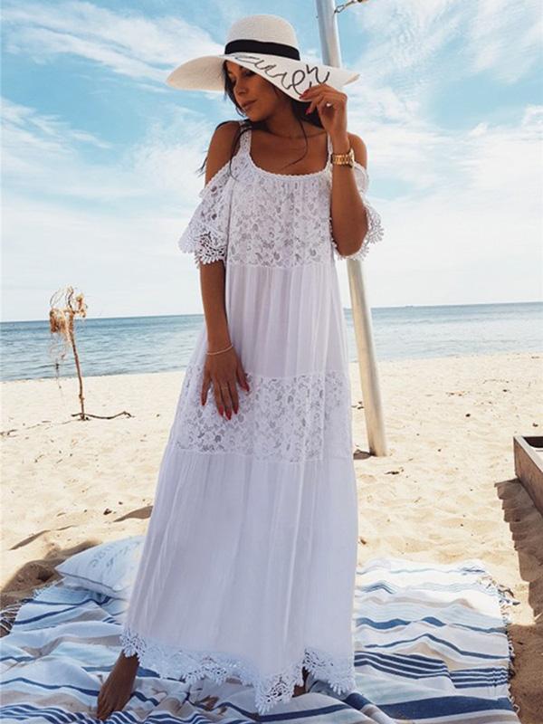 Spaghetti-neck Lace Hollow Solid Beach Swimwear Maxi Dresses