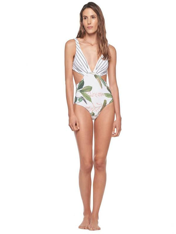 Sexy V-Neck Backless Stripe One-Piece Swimwear