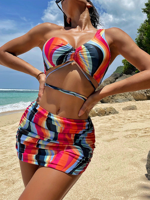 Three Pieces One Shoulder Printed Multicolor Bikini Swimwear