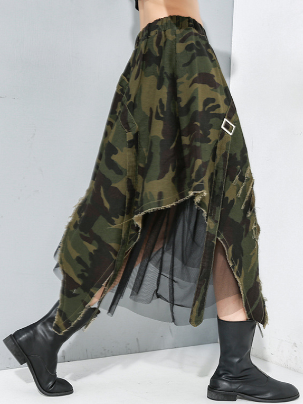 Stylish Camouflage Split-Joint Asymmetric Skirt