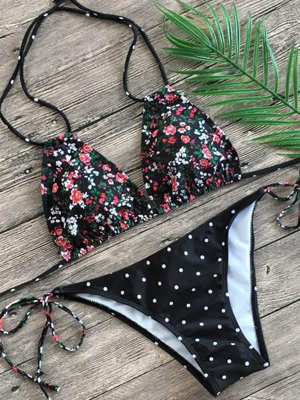 Folral Lace-up Bikini Swimsuit