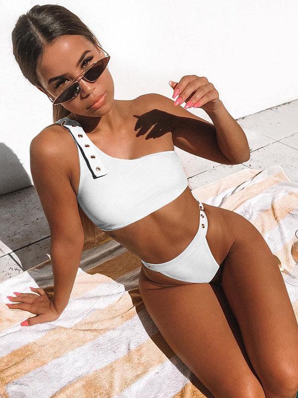 One-shoulder Plain Bikini Swimsuit