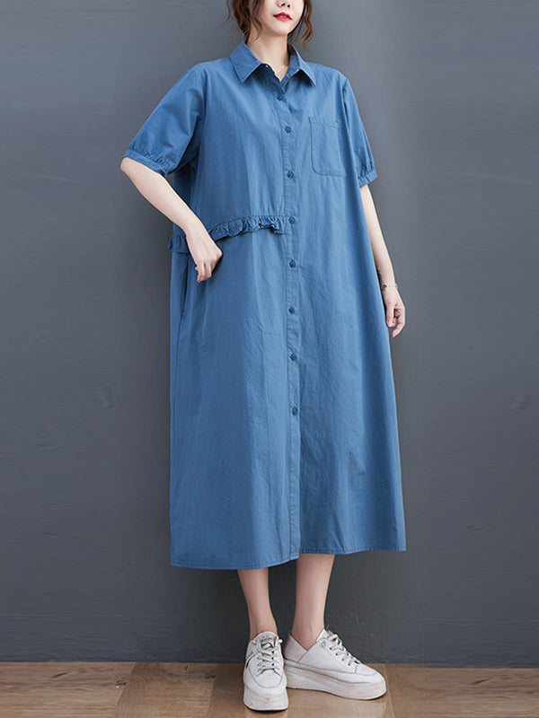 Original Artistic Retro Loose Solid Color Falbala Split-Joint Midi Shirt Dress