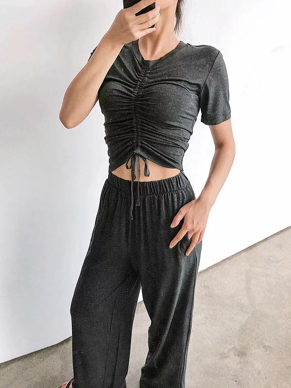 Drawstring Pleated Tees And Wide Leg Pants Suits