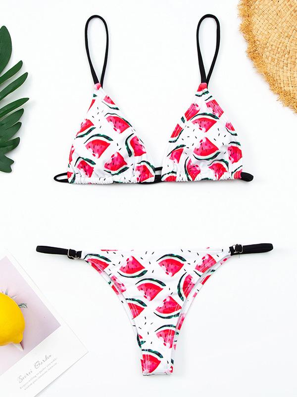 Sexy Triangles Spaghetti-Neck Printing Split Type Bikini Swimsuit