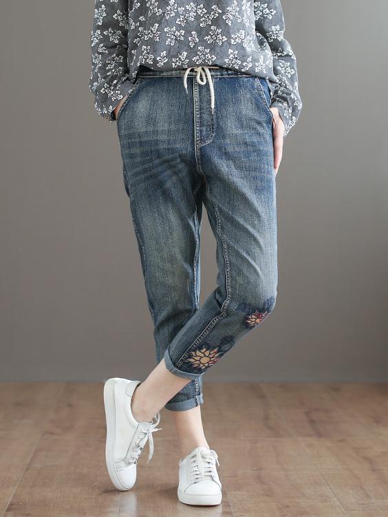 Embroidered Strap Elastic National Jeans Bottom