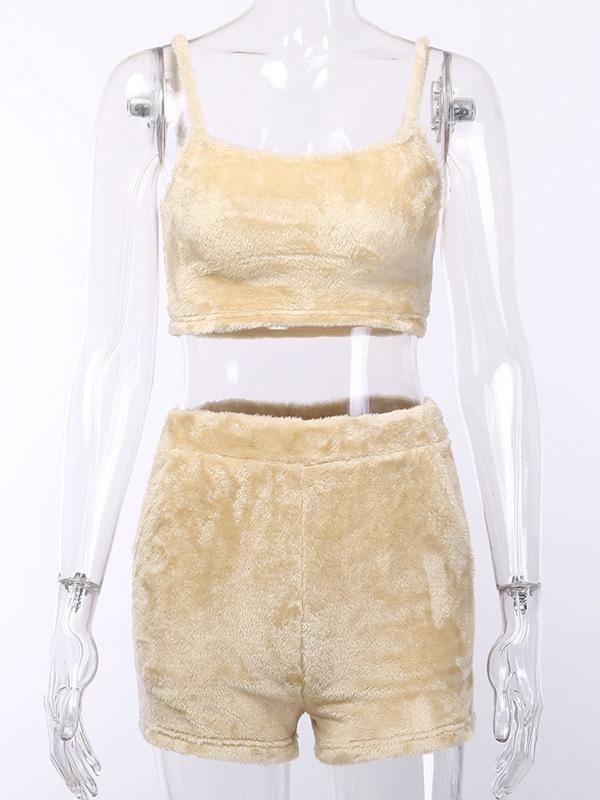 Solid Furry Spaghetti-neck Tank&Shorts Sports Suits