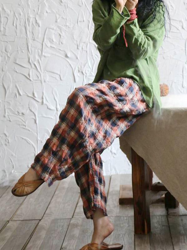 Casual Colorful Plaid Linen Pants