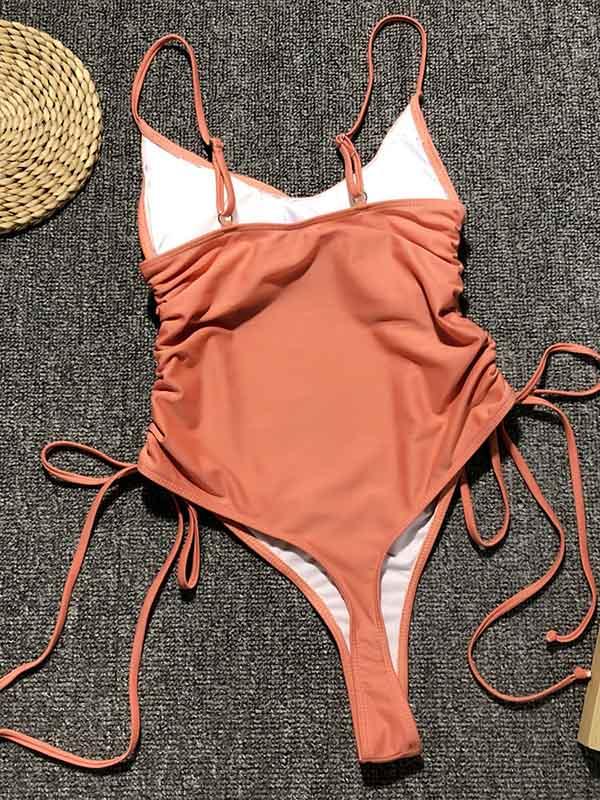 Ruched Lace Up One Piece Swimsuit