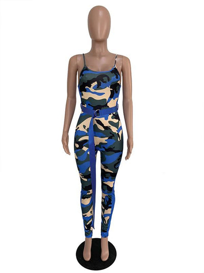 Camo Spaghetti-neck Belt Jumpsuits