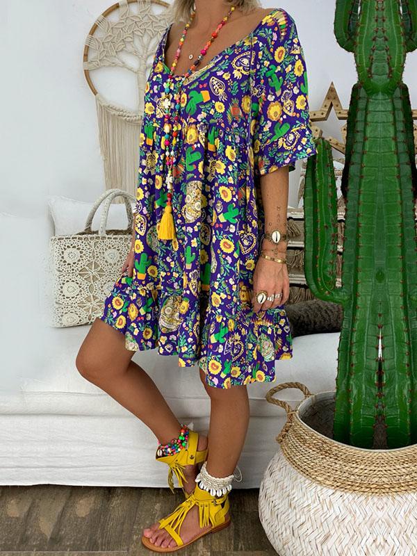 Plus Size Loose Printed Round Neck Midi Dress