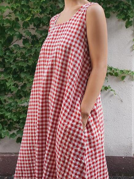 Sleeveless Plaid Loose Plus Size Midi Dresses