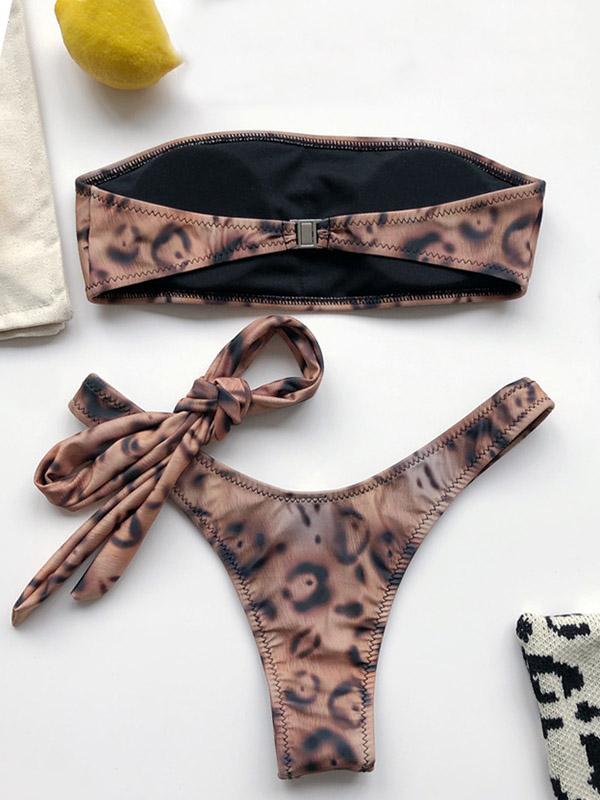 Leopard-Print Bandage Split Bikini Swimsuit