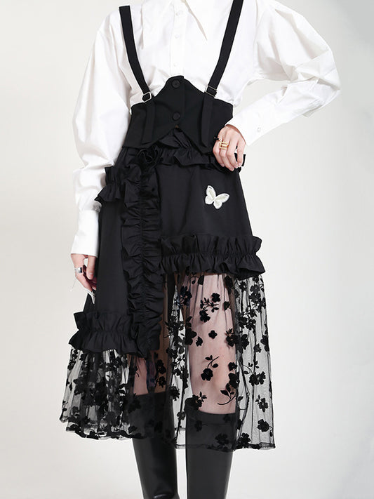 Stylish Mesh Hollow Embroidered Elasticity Split-Joint Strap Skirt