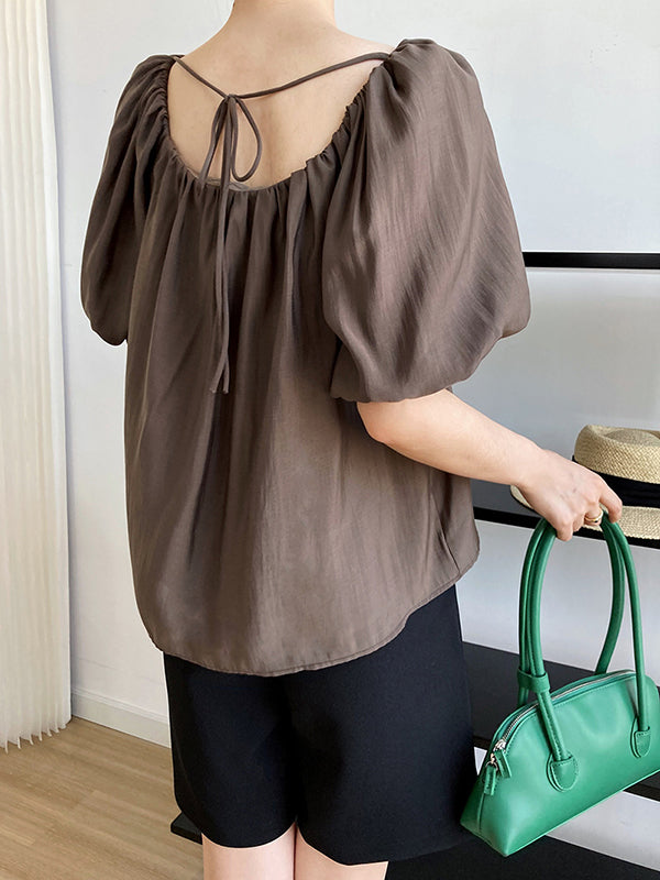 Original Off-The-Shoulder Solid Color Pleated Puff Sleeves Tunic Top