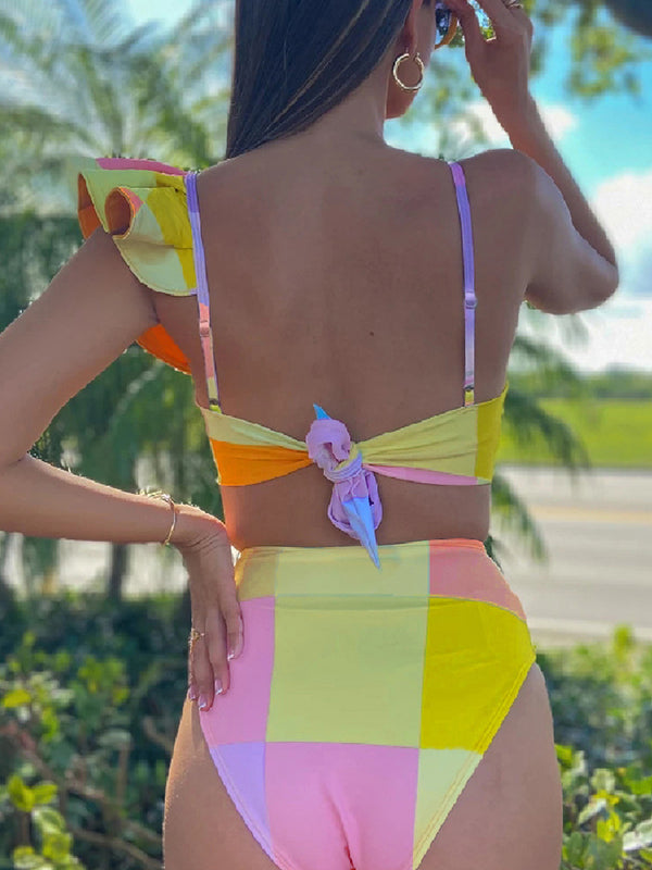 Three Pieces Falbala Color-Block One Shoulder Bikini Swimsuit