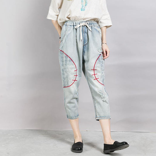 Casual Frayed Embroidery Drawstring Loose Jeans