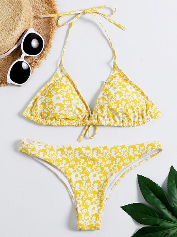 Sexy Pendant Style Bandageprinting  Split Type Bikini Swimsuit