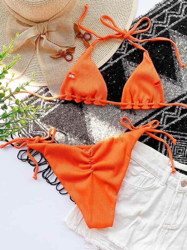 Sexy Triangles Hollow Bandage Split Bikini Swimsuit