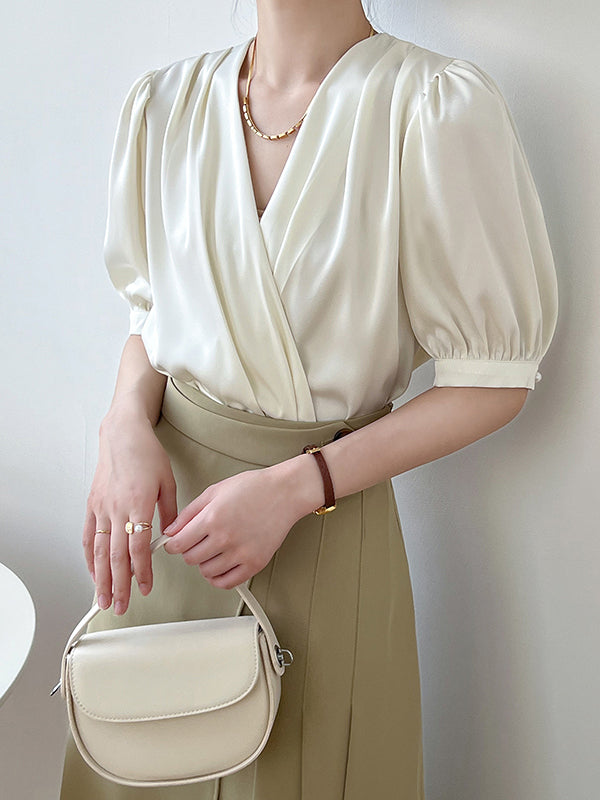 Office V-Neck Half Sleeves Solid Color Blouse