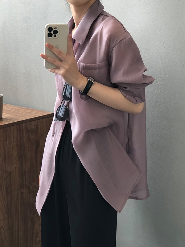 Simple Loose Long Sleeves Solid Color Thin Blouse