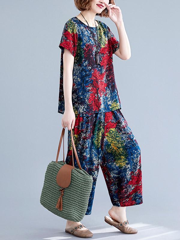 Loose Printed T-Shirt + Harem Pants Suit