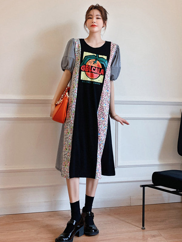 Original Split-Joint Letter Print Puff Sleeve Midi Dress