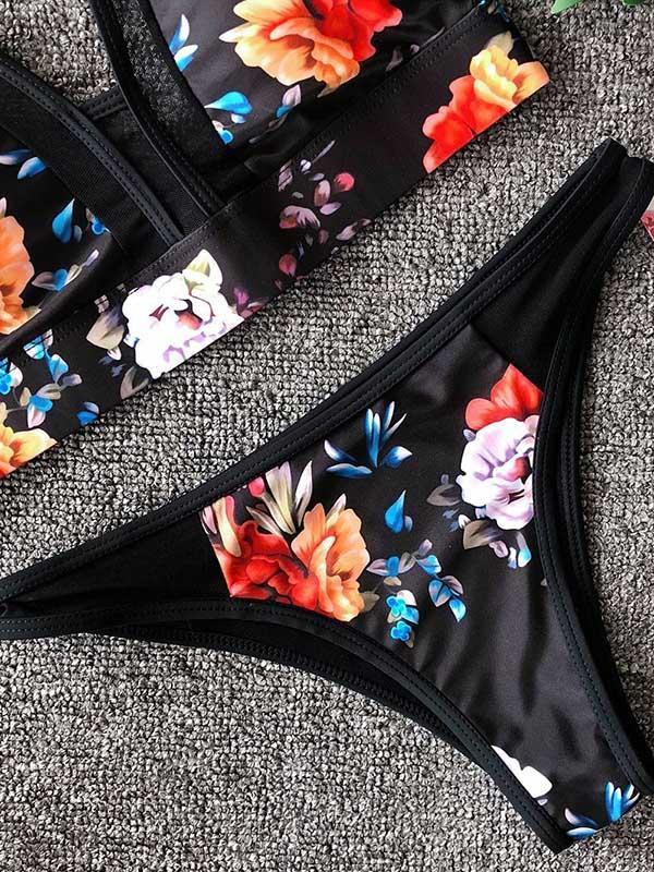 Flowers Printed Tulle Bikinis Swimwear