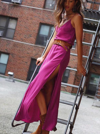 Sloid Color Spaghetti-neck Maxi Dress