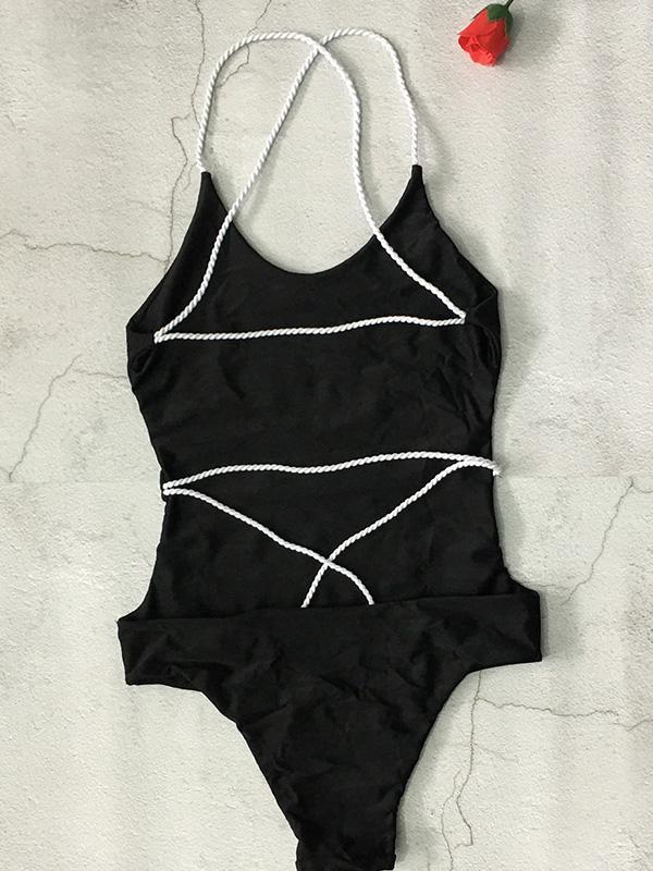 Backless Plain One-piece Swimwear