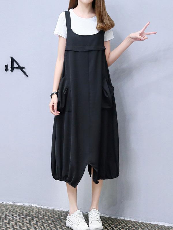 Loose Oversize White T-Shirt + Split-front Braces Dress