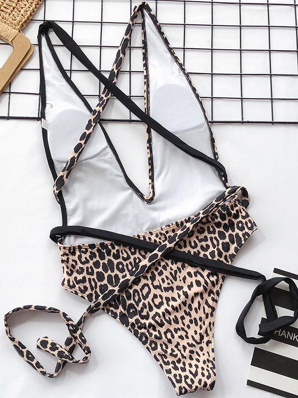 Leopard-Print Hollow Straps One-Piece Swimsuit