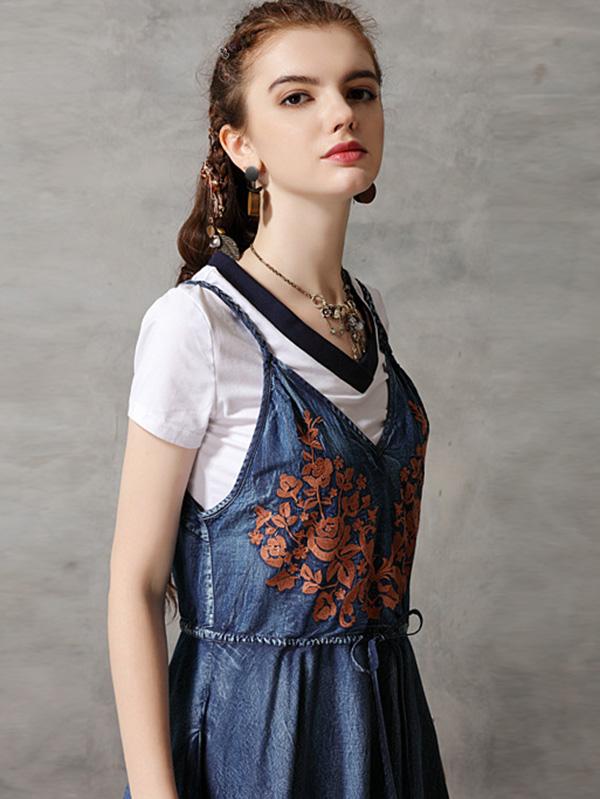 Vintage Embroidery Braces Dress