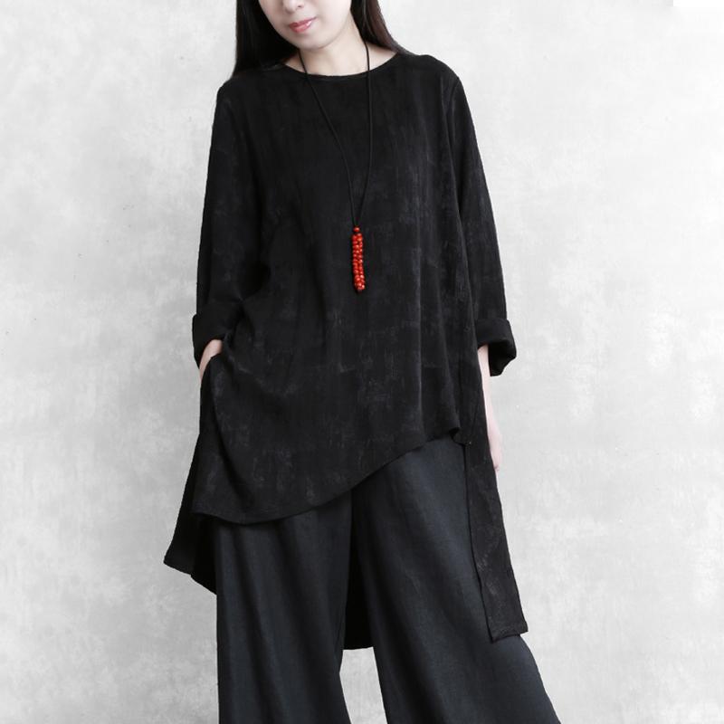 Buykud Simple Loose Irregular Hem Jacquard Shirt