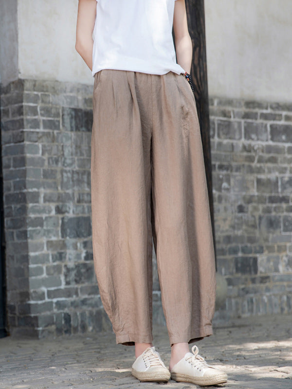 Casual Loose Solid Color High Waisted Cropped Pants