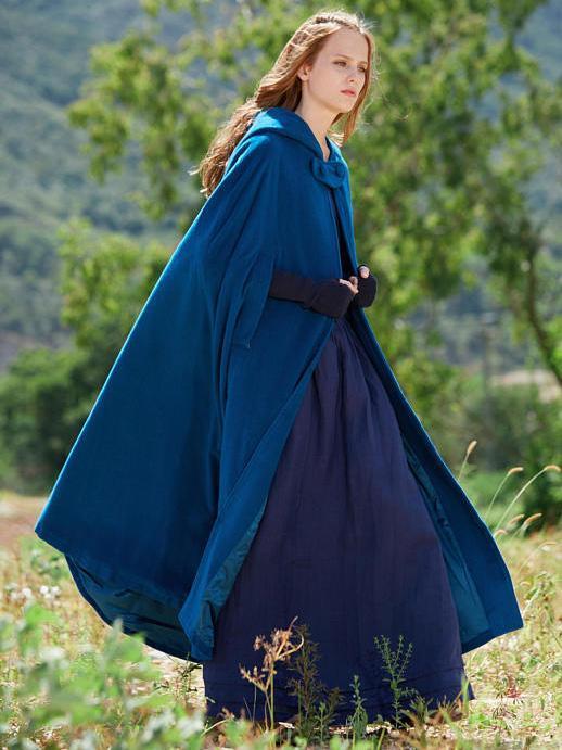 Blue Hooded Cloak Trench Cape Outwear