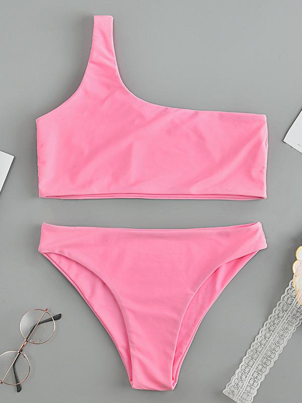 Sexy Single Shoulder Solid Color Split Bikini Swimsuit