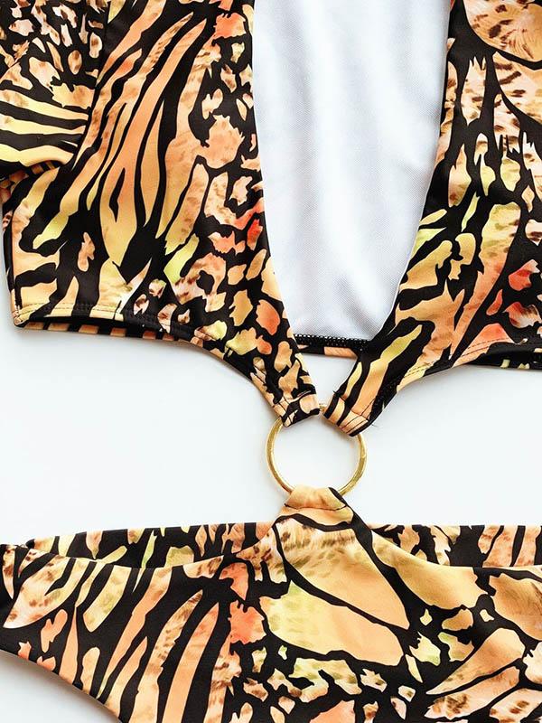 Long Sleeves Hollow Printed Siamese Swimwear