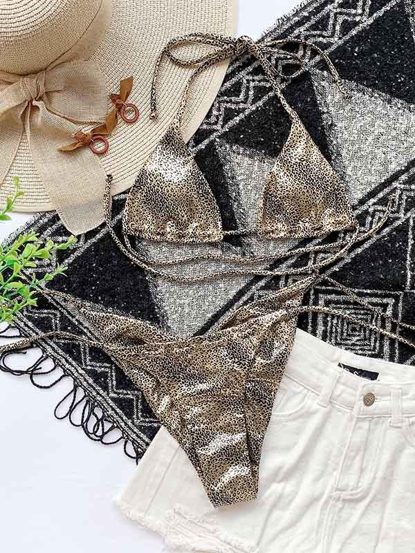 Sexy Triangles Hollow Bandage Split Bikini Swimsuit