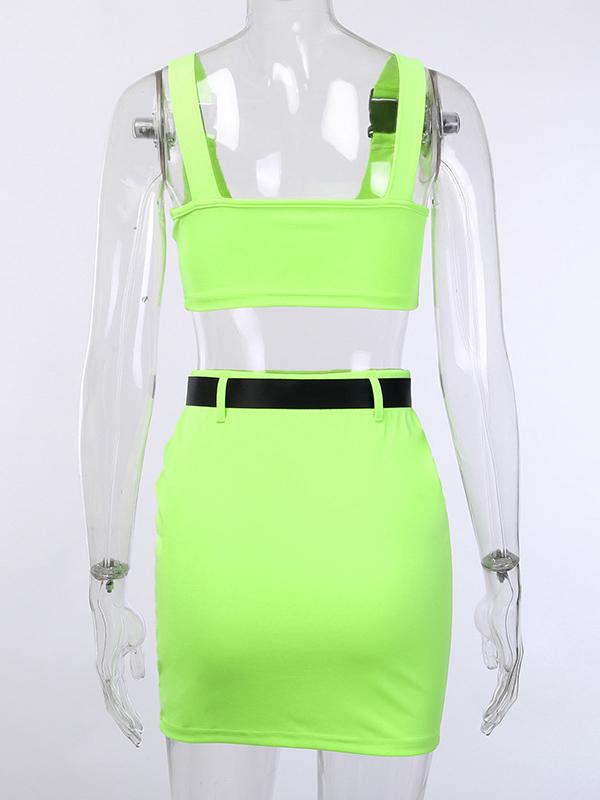 Buckle Solid U Neck Tanks And Wrapped Skirt Suits