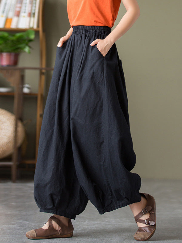 Simple Loose Linen Solid Color Pleated Drawstring Wide Legs Knickerbockers