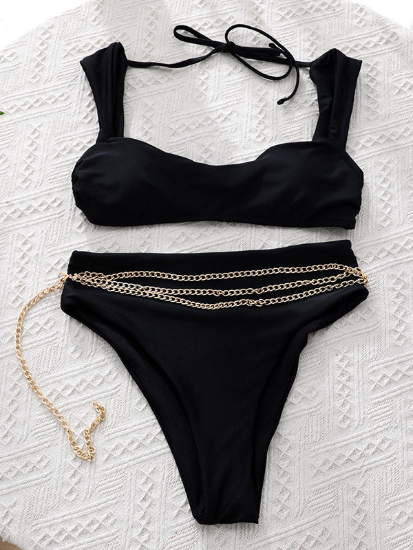 Solid Color Padded Chains High-Waisted Bikini Swimwear