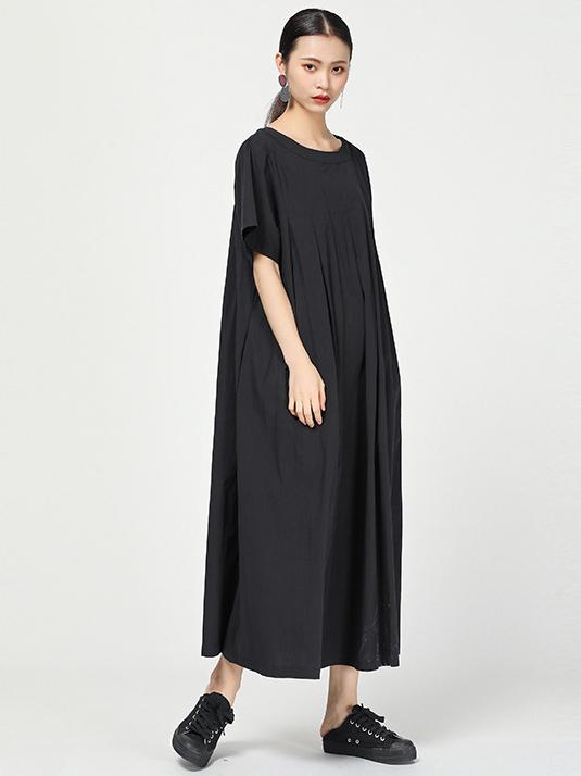 Ramie Loose Solid Round-neck Long Dress