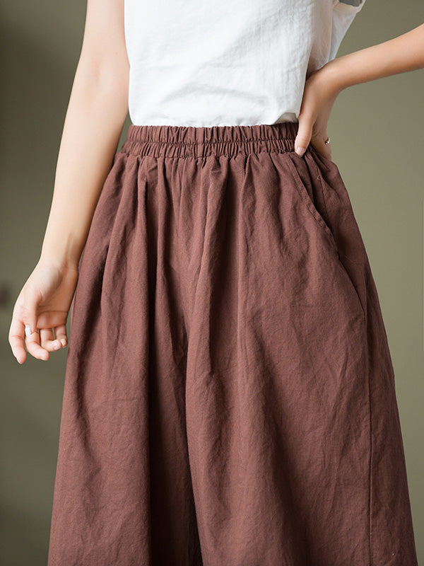 Simple Loose Linen Solid Color Pleated Drawstring Wide Legs Knickerbockers