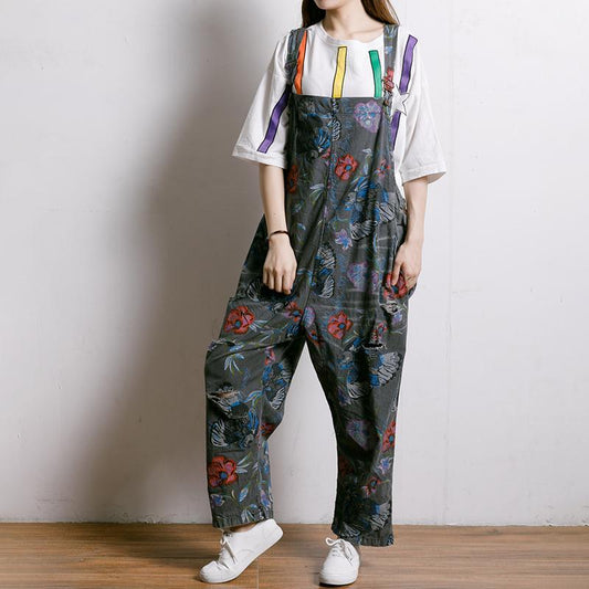 Birds And Flowers Printed Adjustable Strap Jumpsuit